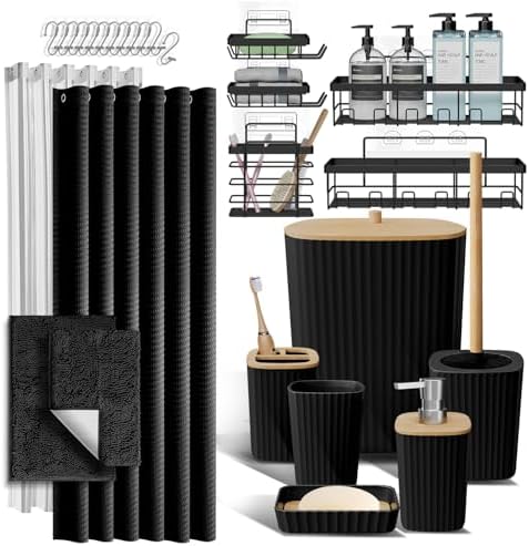 Clara Clark Bathroom Accessories Set - 27PC Bathroom Set with Adhesive Corner Shower Caddy Hanging, Bathroom Sets with Shower Curtain and Rugs, Black Shower Curtain Set with Bathroom Trash Can by ClaraClark