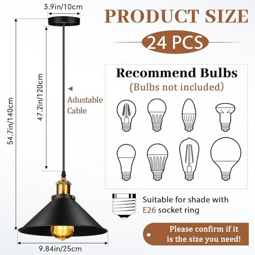 Retisee 24 Pcs Industrial Pendant Light, Vintage Metal E26 Base, Black - Image 2