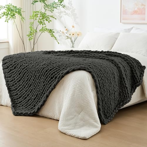 Bigacogo Chunky Knit Throw Blanket for Couch, 40x80 inches, Dark Grey by Bigacogo