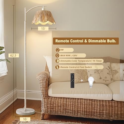 Oneach Rattan Floor Lamp for Living Room with 3 Color Temperatures, Boho Floor Lamp for Bedroom with Remote & Dimmable Bulb, Farmhouse Standing Lamp for Reading, Antique White - Image 5