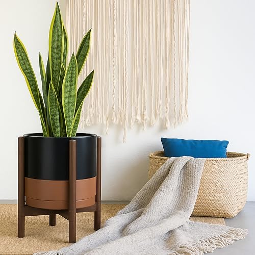 D'vine Dev Ceramic Pot with Walnut Wood Stand, Black/Tan, 12 in, 55-B-W-7 - Image 6