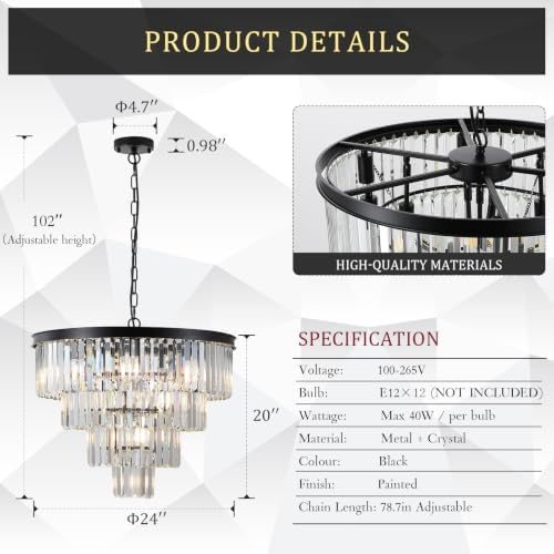 CATINER 24" Modern Crystal Chandeliers,12-Light Black Round Light Fixture - Image 3