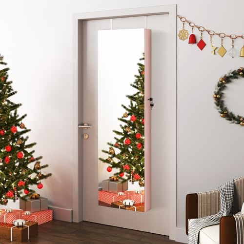 NAFORT 2 LEDs Jewelry Armoire with Full Length Mirror, Lockable Hanging Jewelry Organizer Cabinet with Categorical Storage, Wall or Door Mounted Jewelry Box with 2 Drawers for Cosmetic, Light Pink - Image 3