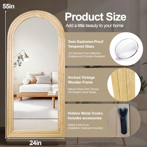Delma Arched Full Length Mirror with Stand, 55x24 Natural Wood Floor Mirror - Image 3