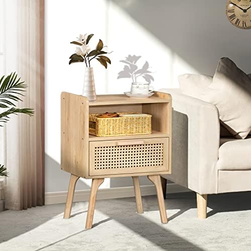 Lerliuo Rattan Nightstand, Boho Side Table with Drawer Open Shelf - Image 2