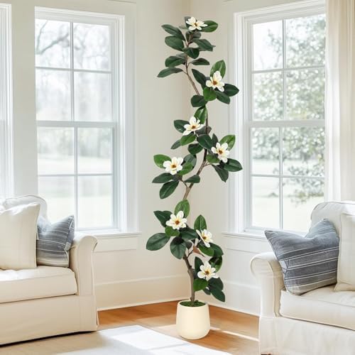 7FT Tall Lifelike Artificial Magnolia Tree with 8 Pcs Magnolia Flowers in White Planter Pot, Rubber Tree Faux Plants Indoor Artificial Plants & Flowers for Home Office Living Room Decor by BouPower