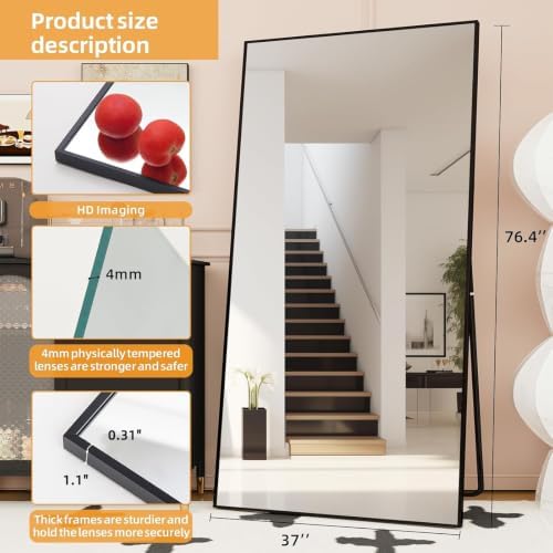 LFT HUIMEI2Y 76.4"x37" Full Length Mirror, Black Floor Mirror - Image 2