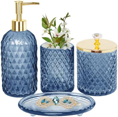 Haturi Glass Bathroom Accessories Set, Navy Blue Bathroom Set, 4 Pcs by Haturi