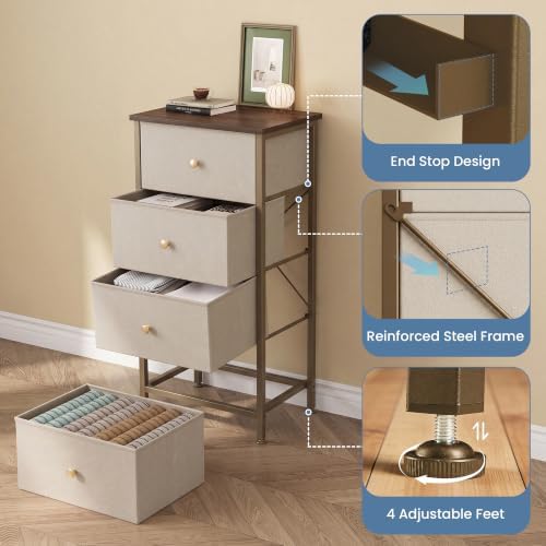 DUMOS Nightstand with 4 Drawers Bedside Table with Removable Fabric Bins Sturdy Steel Frame Wood Top Organizer Furniture for Bedroom Closet Living Room, Tan - Image 5