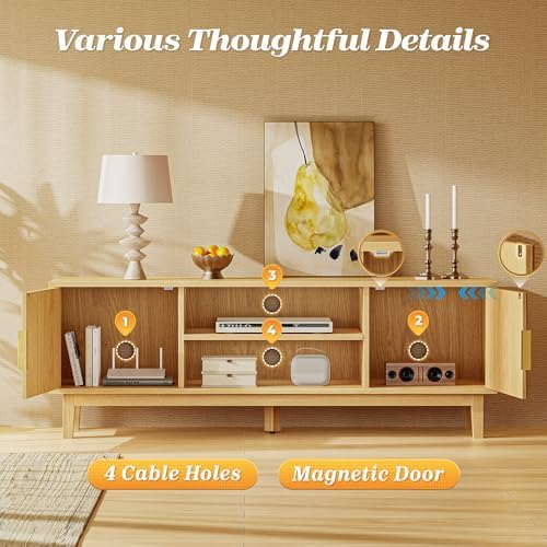 PRAISUN 54 Inch Fluted TV Stand for TVs Up to 55, 60 Inch, Mid Century Modern Entertainment Center with Storage, TV Console with Adjustable Shelves, Midea Console for Living Room Bedroom, Beige - Image 4