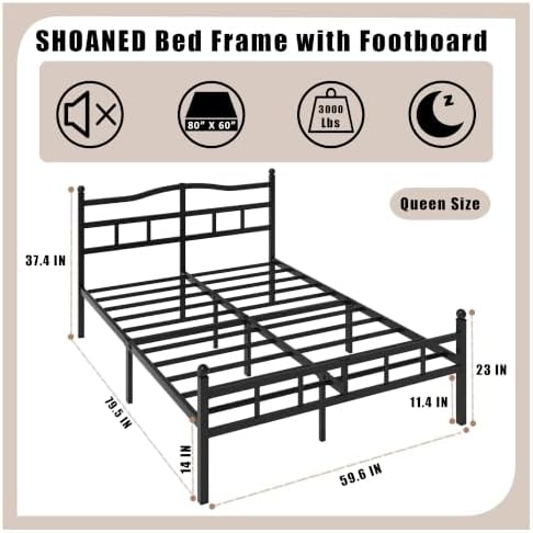 SHOANED 14 Inch Metal Bed Frame - Queen Size Heavy Duty Bedframe with Headboard & Footboard Black Basic Steel Slats Platform No Box Spring Needed/Easy Assembly/Noise Free - Image 2