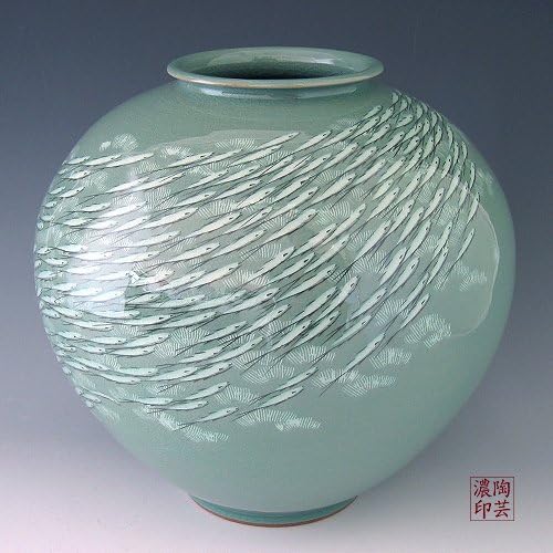 Korean Celadon Glaze Inlaid White Fish Design Green Porcelain Vase Ceramic Inlay Pottery Kitchen Home Decor Decorative Round Globe Jar - Image 2