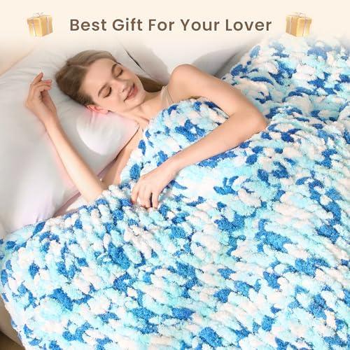 L'AGRATY Chunky Knit Throw Blanket for Couch, 50 x 60 Inches, Blue White - Image 7