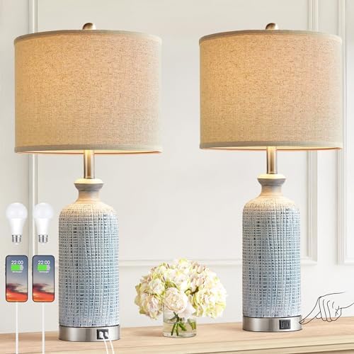 Living Room Lamps Set of 2, 27" Touch Lamps for Nightstand with USB A+C Ports, Modern Farmhouse Table Lamps for Bedroom, 2 Bulbs Included by Ireliare