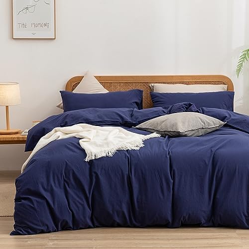 BESTOUCH Cotton Solid Duvet Cover Set Linen Feel Navy Blue Full by BESTOUCH