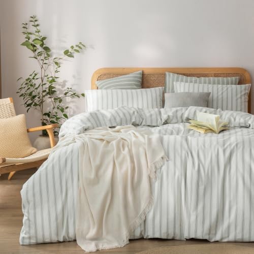 BESTOUCH Striped Cotton Duvet Cover Set Linen Feel Super King Plus by BESTOUCH