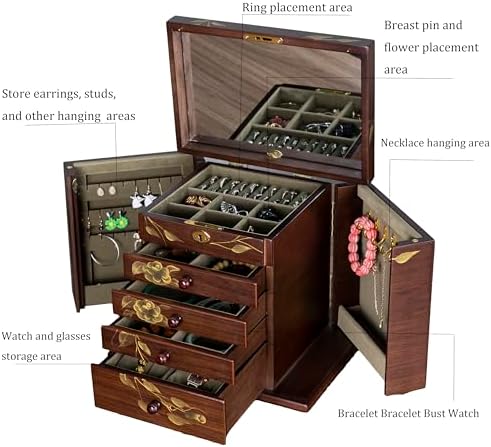 Wood Jewelry Box for Women - Large Vintage Organizer with Mirror - Image 2