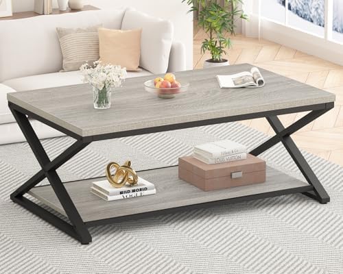 HSH 47" Rectangle Coffee Table with Storage for Living Room, Grey Oak by HOMESWEETHOME