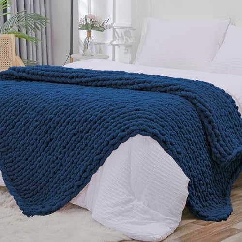 Bigacogo Chunky Knit Throw Blanket for Couch, 51x63 inches, Navy Blue by Bigacogo