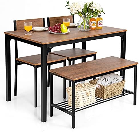 GIANTEX Dining Table Set for 4, 43" Kitchen Table and Chairs, Dining Bench with Metal Frame & Storage Rack, 4-Piece Modern Functional Desk Set for Dinette, Small Space, Apartment, Restaurant, Walnut by Giantex