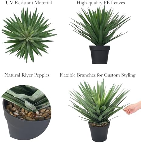 22 Inches Artificial Agave Plant for Indoor & Outdoor - Large Fake Agave Plant in Black Pot with Real Stone Pebbles, Modern Home Office Decor, 105 Leaves - Image 3