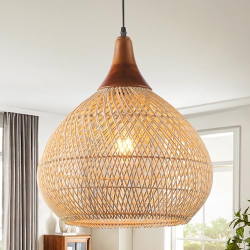 Rattan Pendant Light, 15.7" Rattan Chandelier Hand-Woven Boho Pendant Light Fixtures with Solid Wood, Basket Wicker Chandelier for Dining Room Kitchen Island Living Room by Karjearl