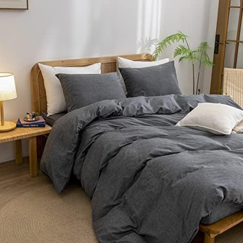 BESTOUCH Cotton Solid Duvet Cover Set Linen Feel Dark Black Queen - Image 5
