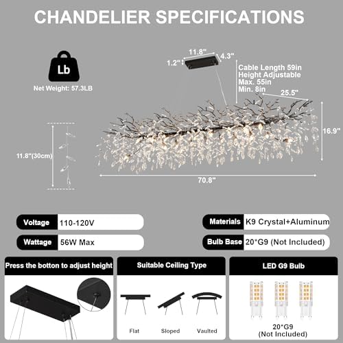 71" Black Crystal Chandelier, 20-Light Modern Tree Branch Chandeliers for Dining Room, Luxury Rectangular Chandelier for Kitchen Island, Living Room, Foyer, K9 Crystal Raindrop Pendant Light Fixture - Image 3