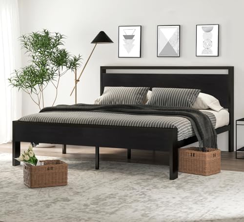 SHA CERLIN 14 Inch King Size Metal Platform Bed Frame with Wooden Headboard and Footboard, Mattress Foundation, No Box Spring Needed, Large Under Bed Storage,Black Oak by SHACERLIN