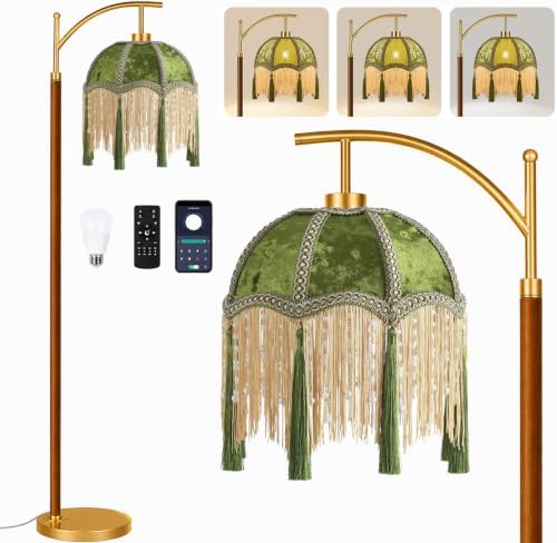 Vintage Floor Lamp for Living Room,Wood Gold Remote Dimmable Standing Lamps with Victorian Fringe Green,Arc Corner Tall Floor Light for Bedroom,Office,Boho Farmhouse Mid Century Modern Decor by Unknown