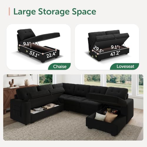 HONBAY Modular Sectional Sleeper Sofa with Pull Out Bed, U Shaped Sleeper Couches with Storage Chaise, 114'' Sleeper Sectional Sofas for Living Room, Apartment (Velvet Black) - Image 4