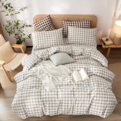 BESTOUCH Gingham Cotton Duvet Cover Set Linen Grey Queen - Image 3
