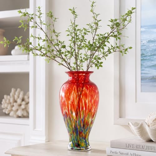 11.8" Tall Glass Vase Beautiful Hand Blown Glass Vase Modern Art Home Decor, Wide Mouth Colorful Vases for Mantle Dining Table Centerpiece, Entryway Living Room Wedding Decoration (Flame Red) by LINYTHER