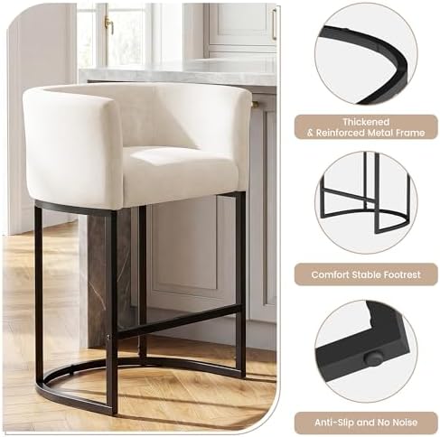 GRUSIGN Chenille Counter Height Bar Stools Set of 1, 26" Kitchen Island Stools with Arms & Footrest, Upholstered Barrel Back Bar Chairs for Kitchen， Dining Room, Bar & Lounge Area, Off-White - Image 6
