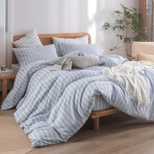 BESTOUCH Striped Cotton Duvet Cover Set Linen Feel Oversized Queen - Image 5