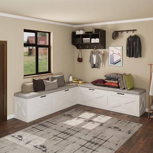 Bobve L-Shape Storage Bench with Cushion, Backless Corner Dining Bench, Kitchen Dining Nook Bench with Hidden Storage for Dining Room, Kitchen, Entryway (White+Grey) - Image 5