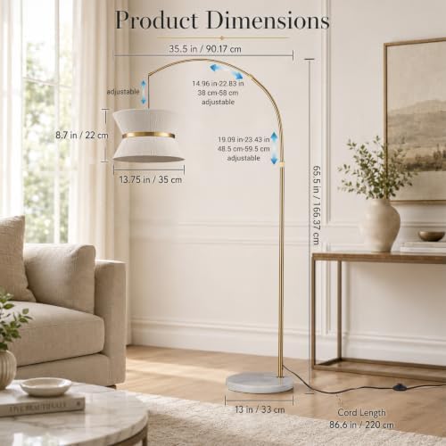 Hamilyeah Arc Floor Lamp for Living Room, 65.5 Inch Gold Arched Floor Lamp with Hand-Woven Cotton Shade and White Marble Base, Modern Over Couch Standing Lamp for Bedroom, Office, Reading Nook - Image 3