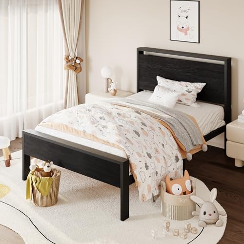 SHA CERLIN 14 Inch Twin Size Metal Platform Bed Frame with Wooden Headboard and Footboard, Mattress Foundation, No Box Spring Needed, Large Under Bed Storage, Heavy Duty Slats Support, Black Oak - Image 3
