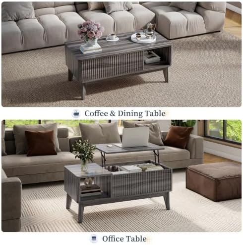 LYNCOHOME Fluted Lift Top Coffee Table with Storage,Modern Center Table for Living Room, Home Office（Grey） - Image 6