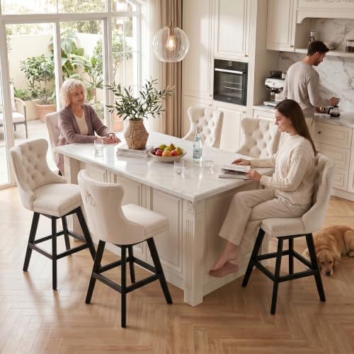 SoarFlash Kitchen Swivel Bar Stools with Solid Wood Legs Upholstered Counter Stools Set of 6, Beige - Image 4