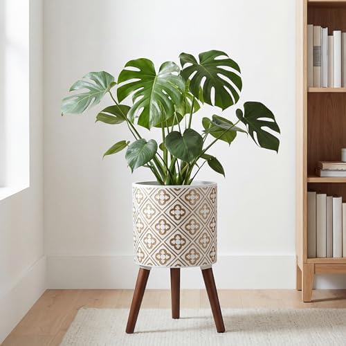naclto 10 Inch Planter with Stand, Plant Pot for Indoor Plants, Large Modern Flower Pots Indoor Outdoor with Drainage for Home Garden Patio, White ＆ Gold - Image 6