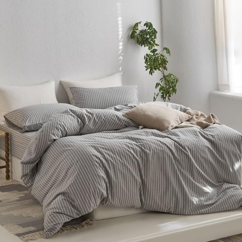 MooMee Striped Duvet Cover Set 100% Washed Cotton Linen Like Alaska King - Image 3