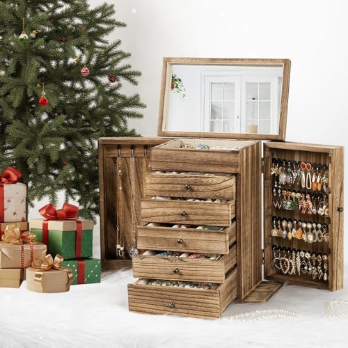 Emfogo Wooden Jewelry Box for Women, 6-Tier Large Jewelry Organizer Boxes with Mirror Rustic Solid Wood jewlery Storage Display for Rings Earrings Necklaces Bracelets watches(Carbonized Brown) - Image 5