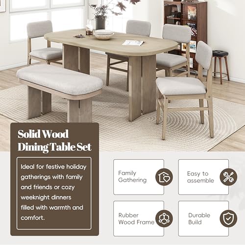 VilroCaz Farmhouse 6-Piece Dining Table Set, Wood Dining Table and 4 Upholstered Chairs& Bench with Smooth Corners, Home Kitchen Dining Room Dining Set for 6 (Natural-3.13) - Image 6
