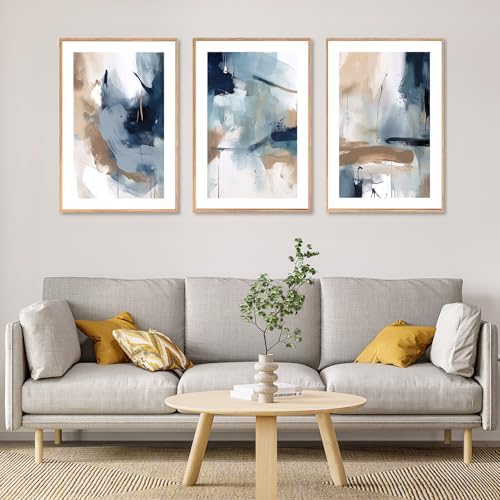 LHIUEM Large Abstract Navy Blue Framed Canvas Wall Art,Neutral Brush Stroke Wall Decor,Modern Pastel Brown Wall Painting,Minimalist Shapes Artwork for Living Room,Bedroom,Office- 24"x36"x3 - Image 6