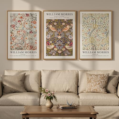 Large Framed William Morris Strawberry Thief Canvas Wall Art, Set of 3 by Cuspin