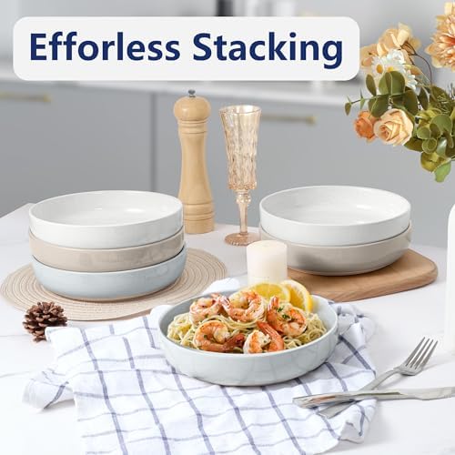 LIANYU Pasta Salad Bowls Set, 33oz Wide and Shallow Serving Bowls Set of 4, Deep Stoneware Plates for Serving Pasta, Noodle, Cereal, Non-Scratch, Four-color - Image 6