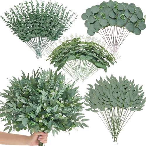 Alecono 200pcs Mixed Eucalyptus Leaves Stems Bulk, 4 Kinds Artificial Greenery Stems Faux Sliver Dollar Fake Greenery for Centerpieces Wedding DIY Bouquets Floral Arrangement Party Decor by AleconoBetterYourLife