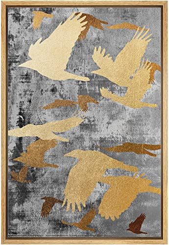 NWT Framed Canvas Print Wall Art Golden Birds Grunge Background Nature Wilderness Illustrations Modern Art Decorative Landscape Rustic Zen Colorful for Living Room, Bedroom, Office - 24"x36" Natural by NWT