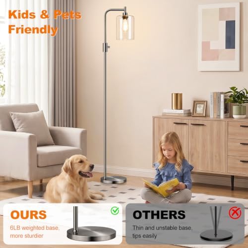 【Upgraded】 Dimmable Floor Lamp for Living Room with Glass Lampshade, Brushed Nickel Modern Glass Floor Lamp with 900LM LED Bulb Included, Standing Tall Lamp for Bedroom, Office, Reading Room, Corner - Image 5